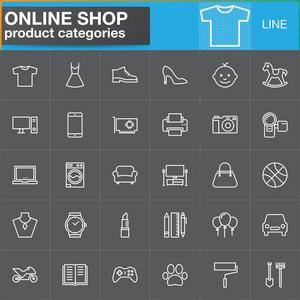 网上购物产品类别线图标设置轮廓矢量符号收集线性白色象形文字包.
